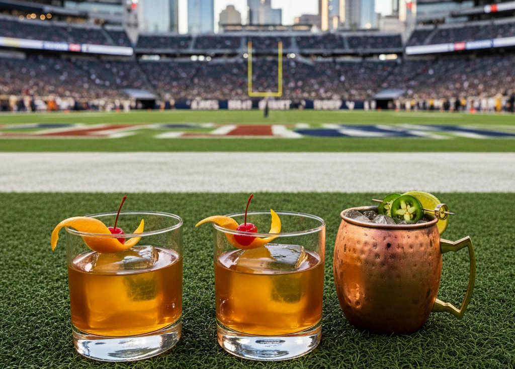 Cocktails sitting on the field near the endzone of a football stadium