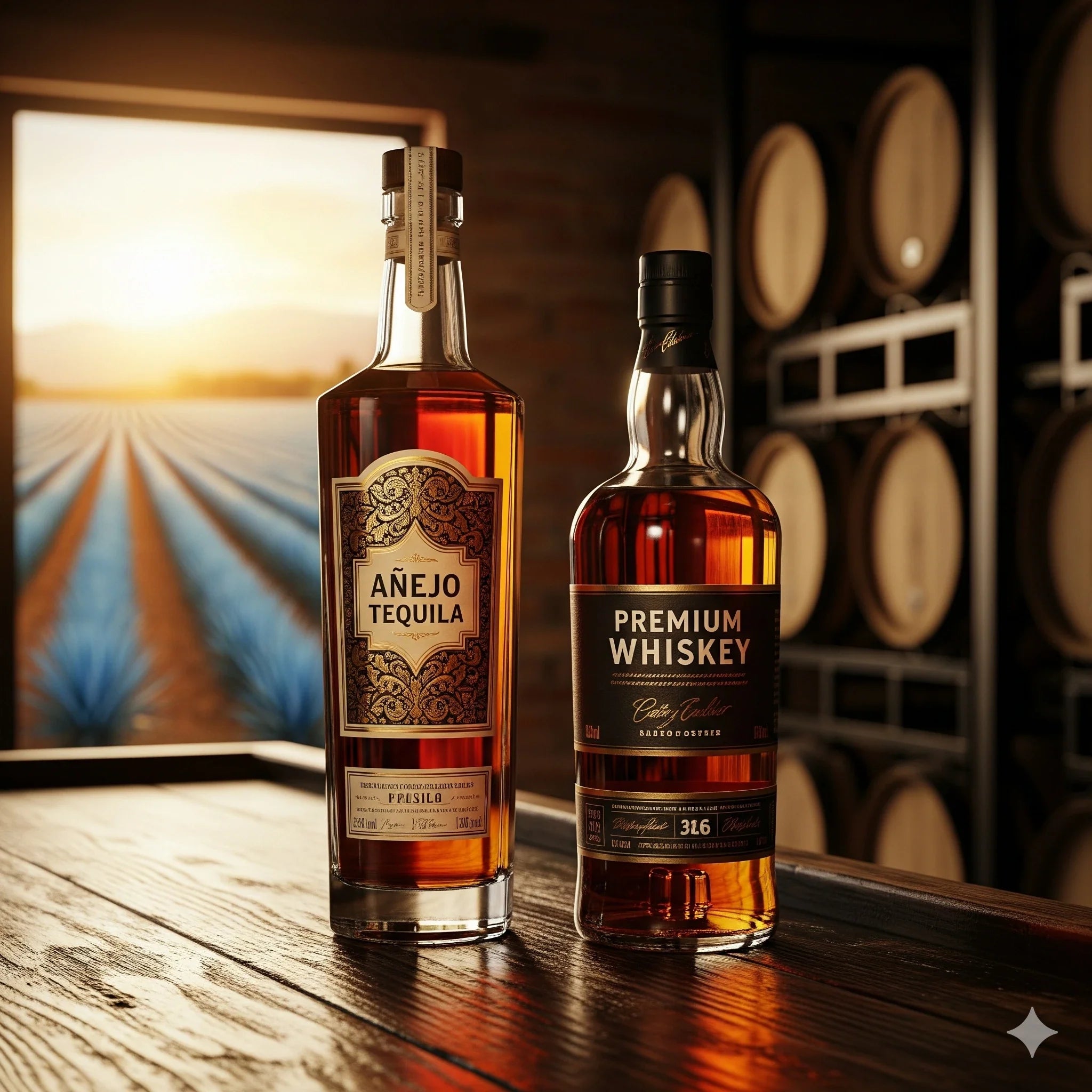 Añejo tequila bottle and premium whiskey bottle on a wooden table with agave fields and aging barrels in the background, symbolizing craftsmanship and quality spirits
