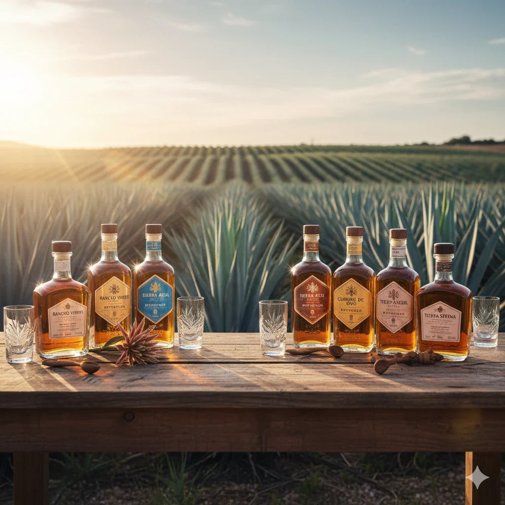 Collection of artisan reposado tequila bottles displayed on a wooden table with crystal glasses in front of a sunlit agave field, showcasing premium Mexican tequila craftsmanship
