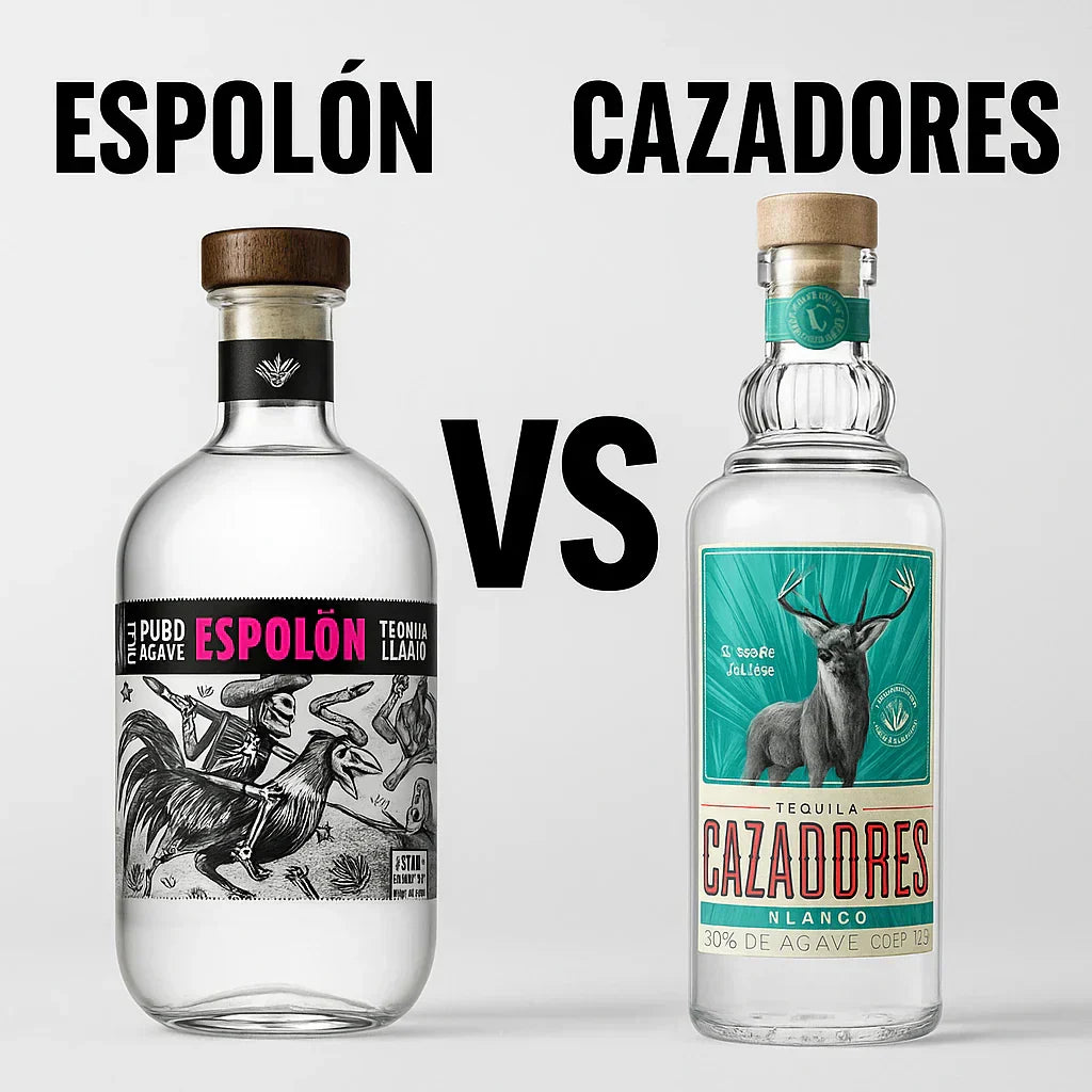 Side-by-side comparison of Espolòn Blanco and Cazadores Blanco tequila bottles with bold VS text, highlighting two popular budget tequila brands