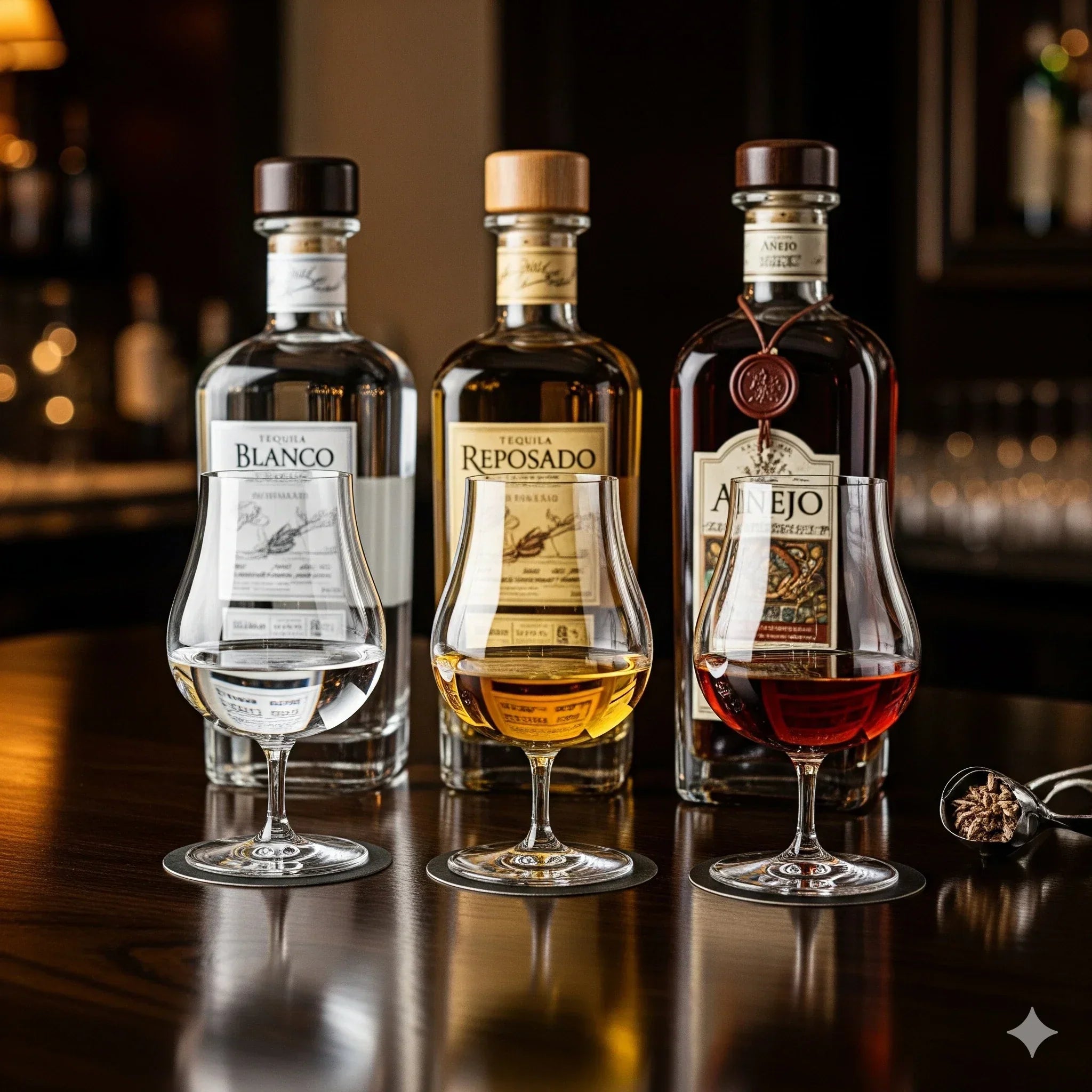 Premium tequila bottles featuring Blanco, Reposado, and Añejo varieties on a polished bar with tasting glasses in front, perfect for tequila enthusiasts