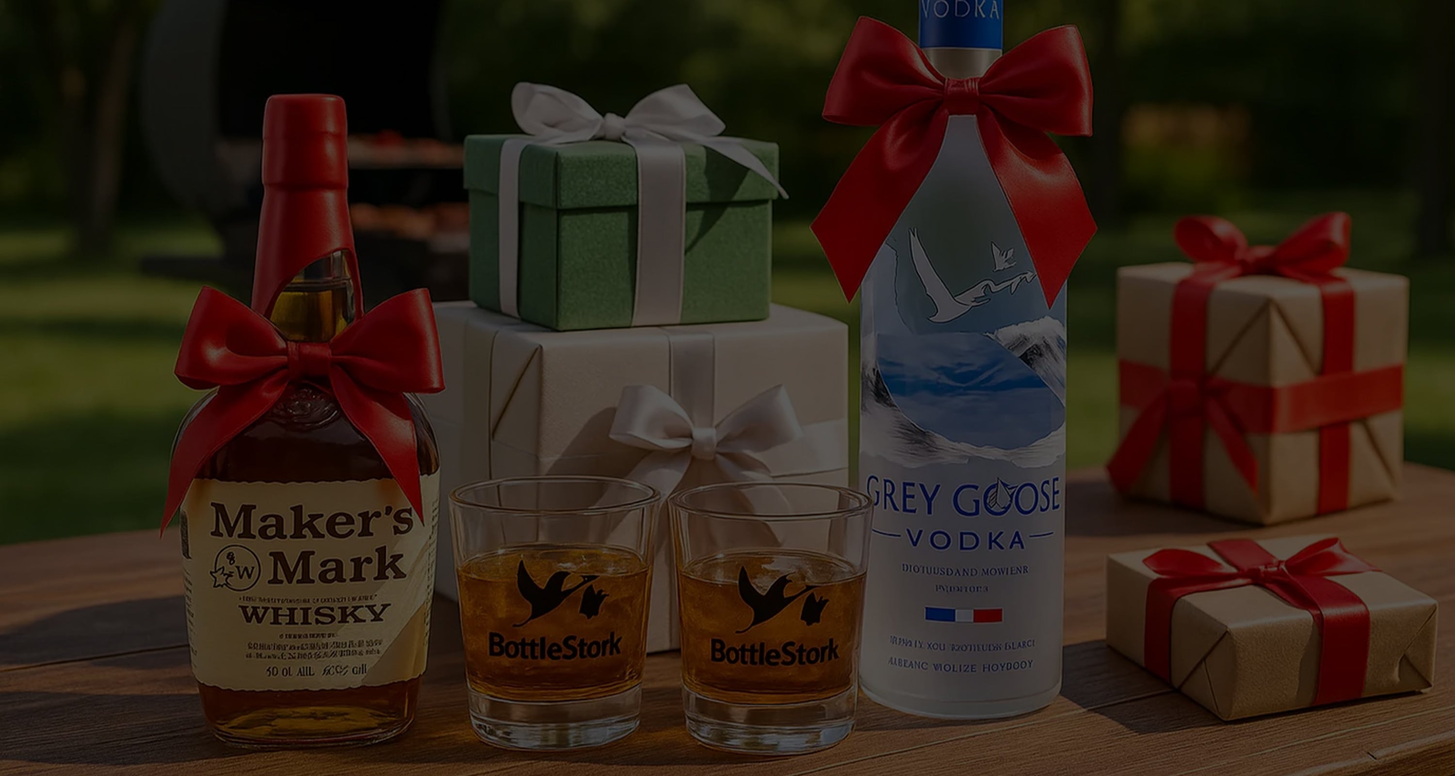 A summer backyard gift table with bottles of Maker’s Mark and Grey Goose Vodka, each with bows, and two lowball glasses filled with whiskey and branded with the BottleStork logo.