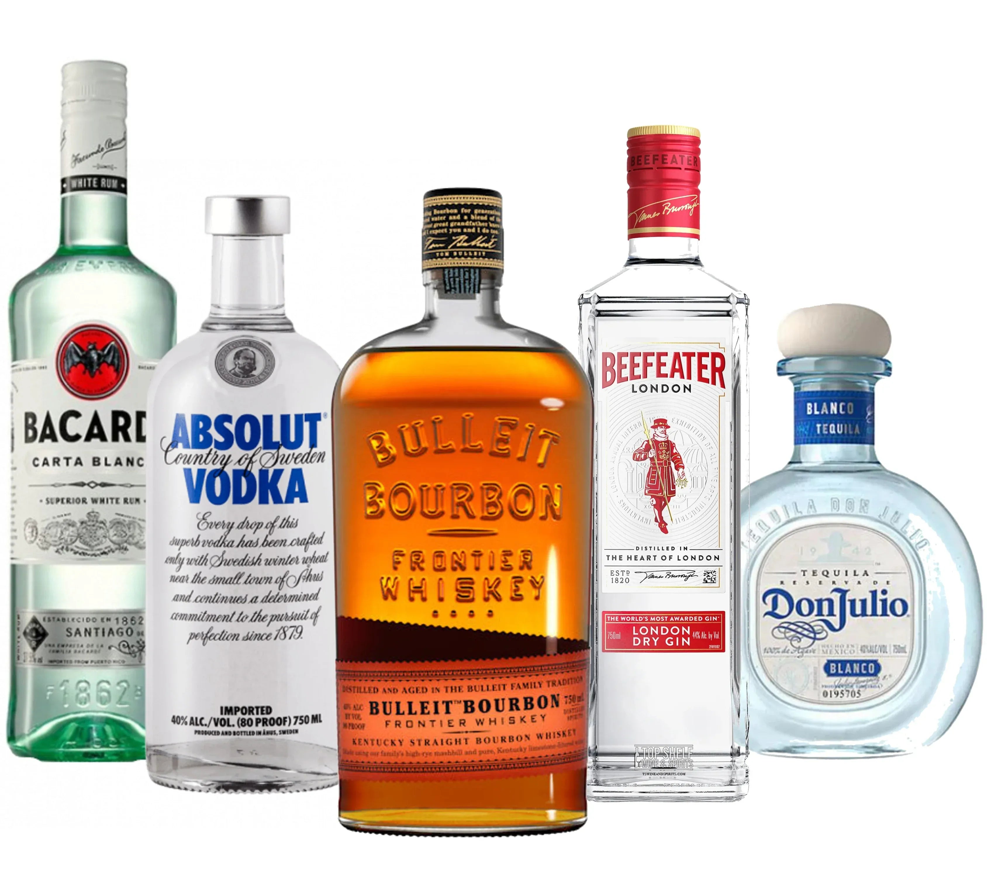 Five bottles of different alcoholic beverages on a white background