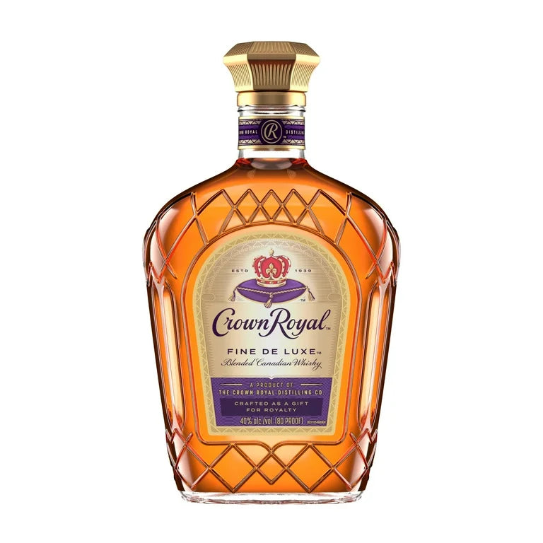 Crown Royal Fine de Luxe whiskey bottle on a white background