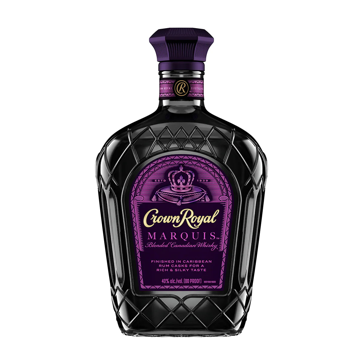 Crown Royal Marquis whiskey bottle with purple label on a white background