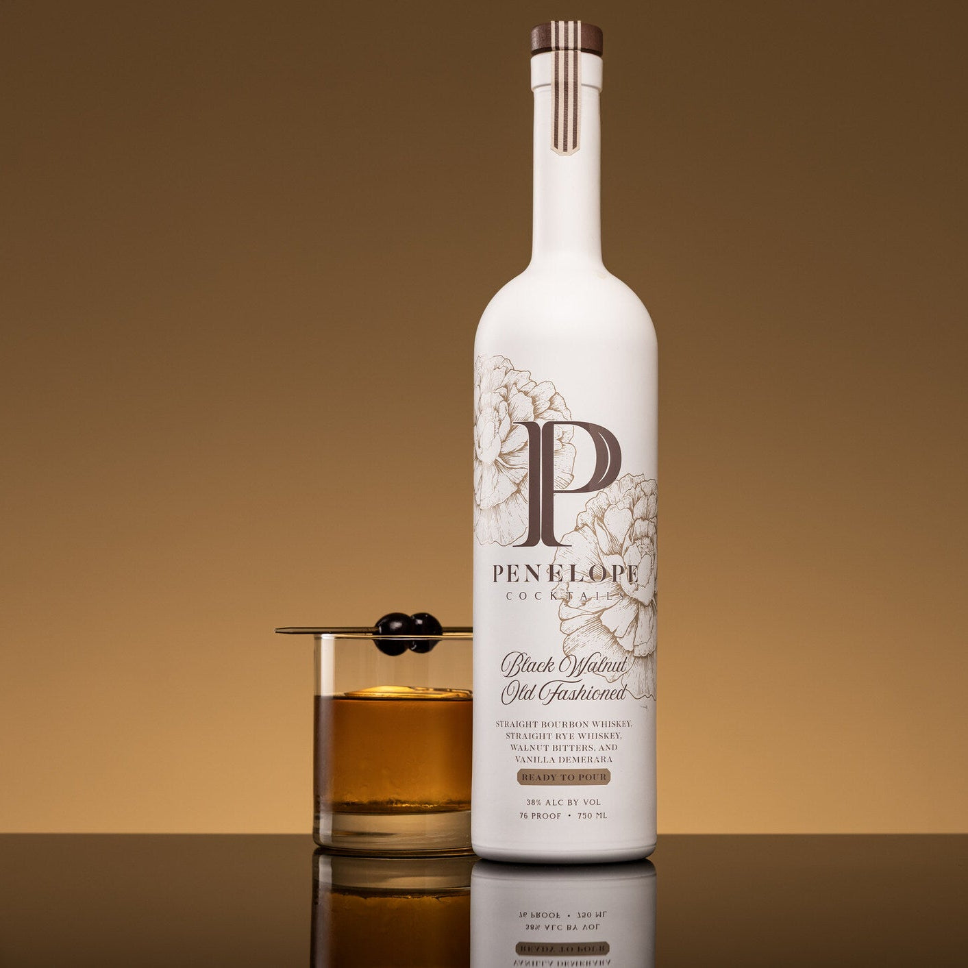 Penfolds bottle with a glass of whiskey on a gradient background