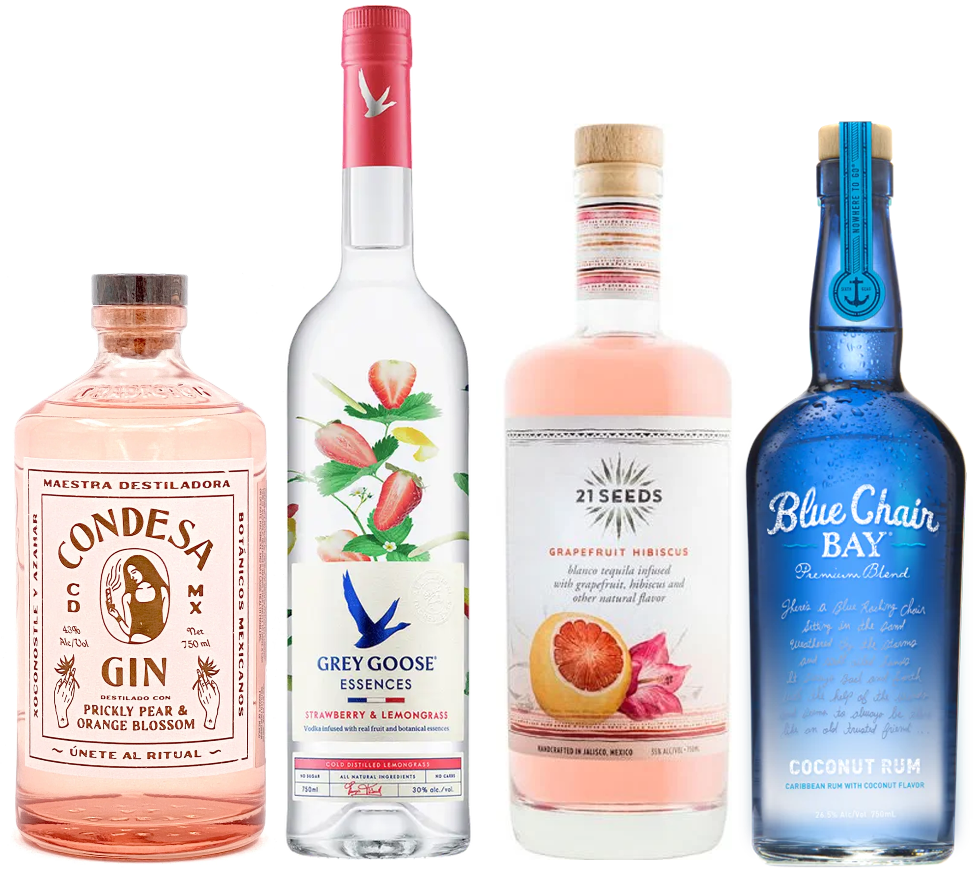 A collection of four bottles of alcohol from the Tropical Escape Bartesian Pack, featuring a gin, vodka, tequila, and rum, each with tropical fruit and floral themes on the labels.