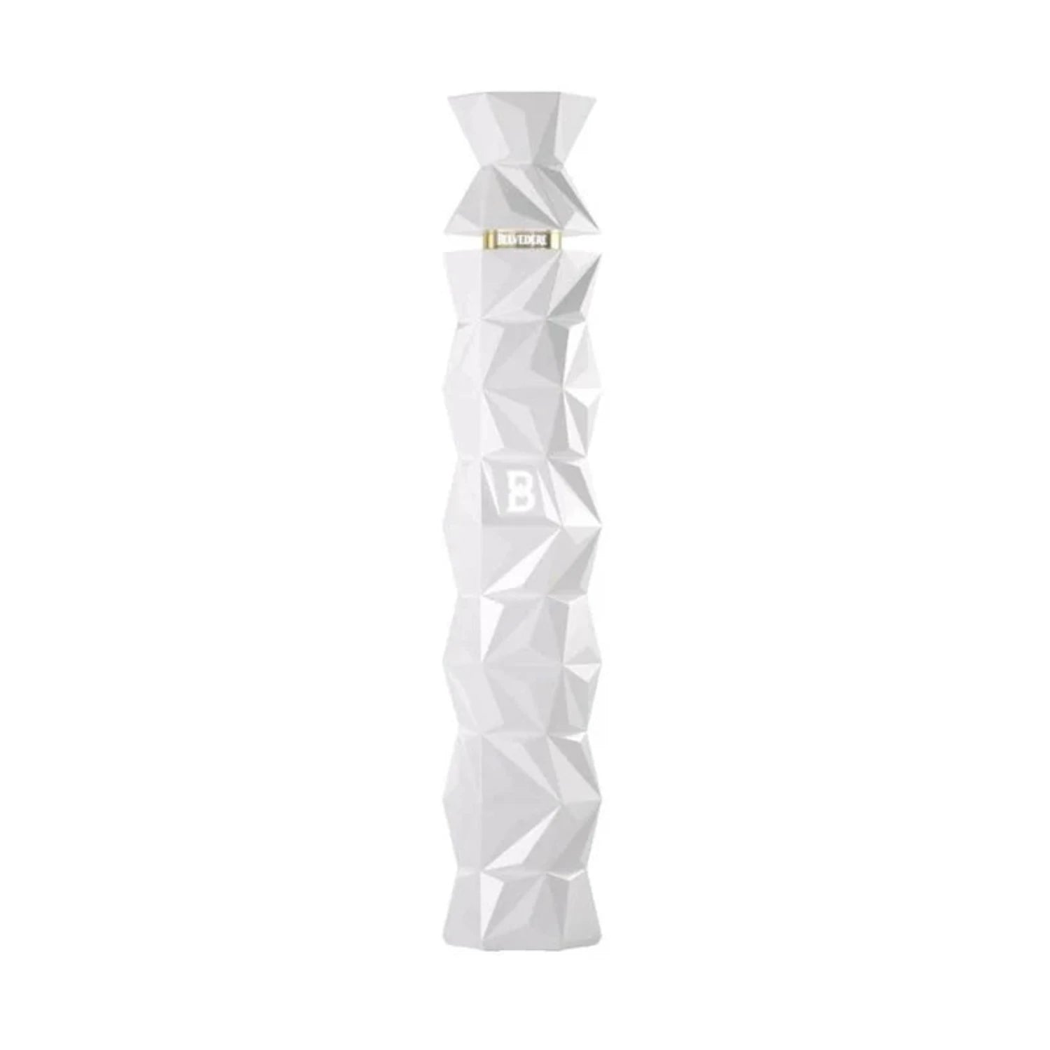 A tall, slender white bottle of Belvedere Organic 10 Year Vodka with a geometric design.