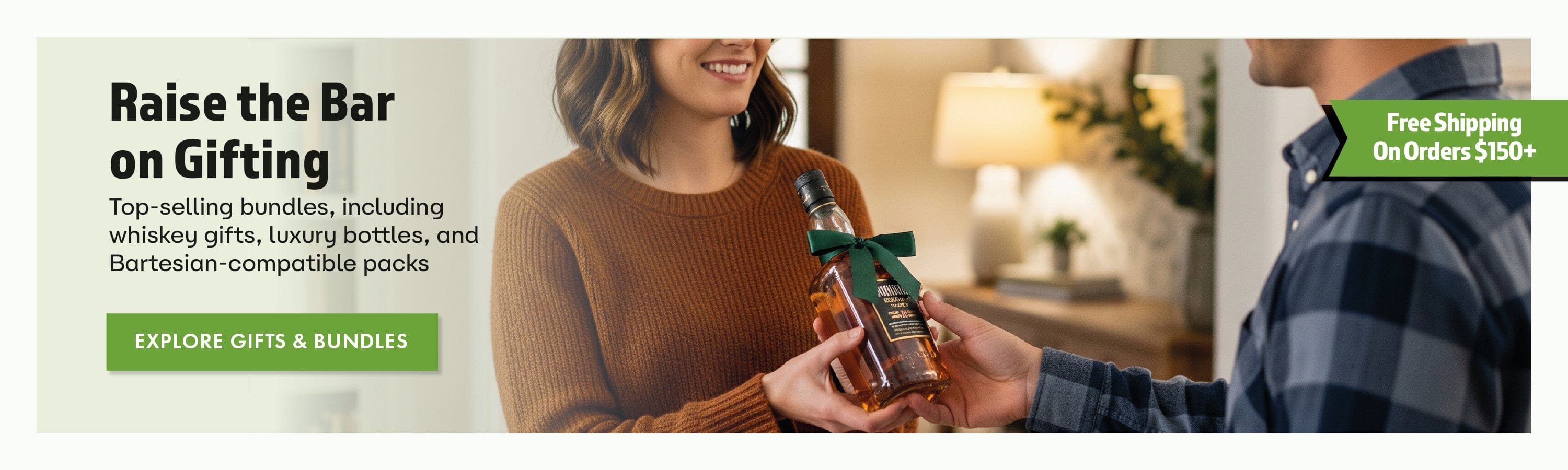 Person holding a bottle with a woman smiling, promotional text about gifting options.