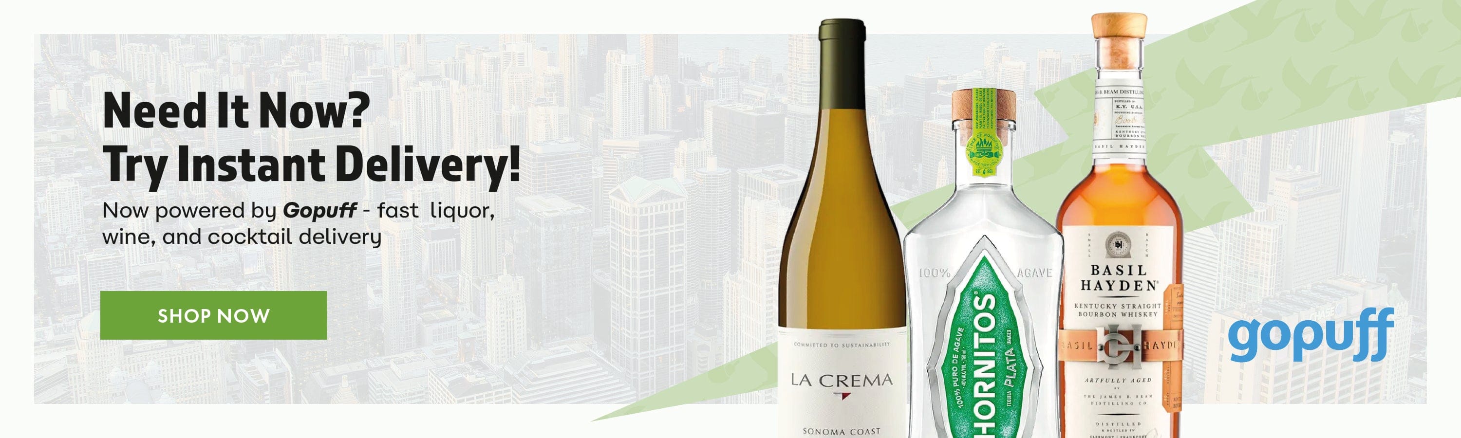 Beverage bottles with Gopuff branding and promotional text for instant delivery.