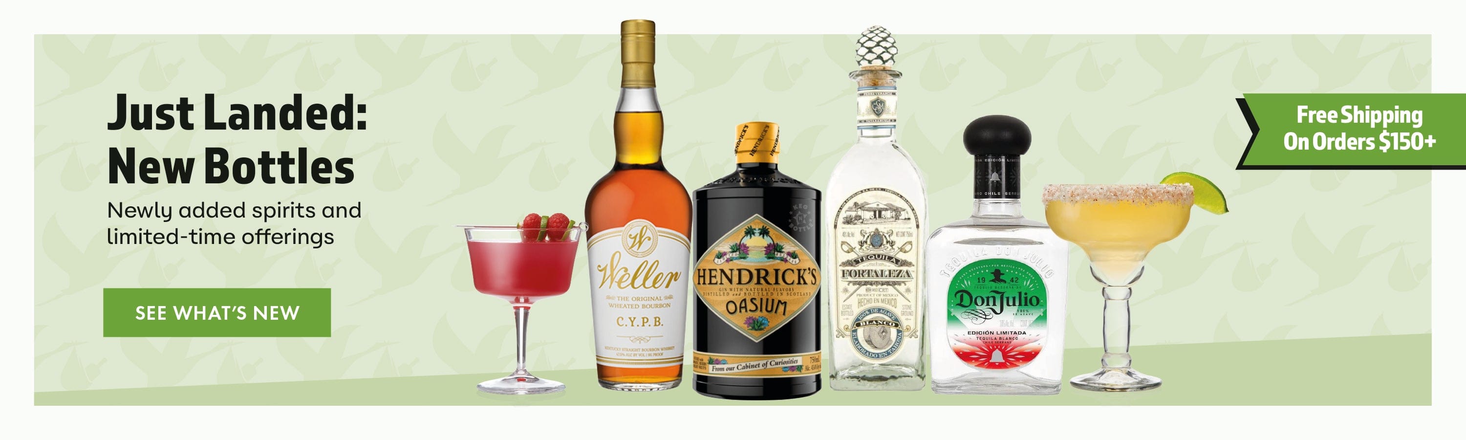 Beverage bottles with a promotional banner on a green background