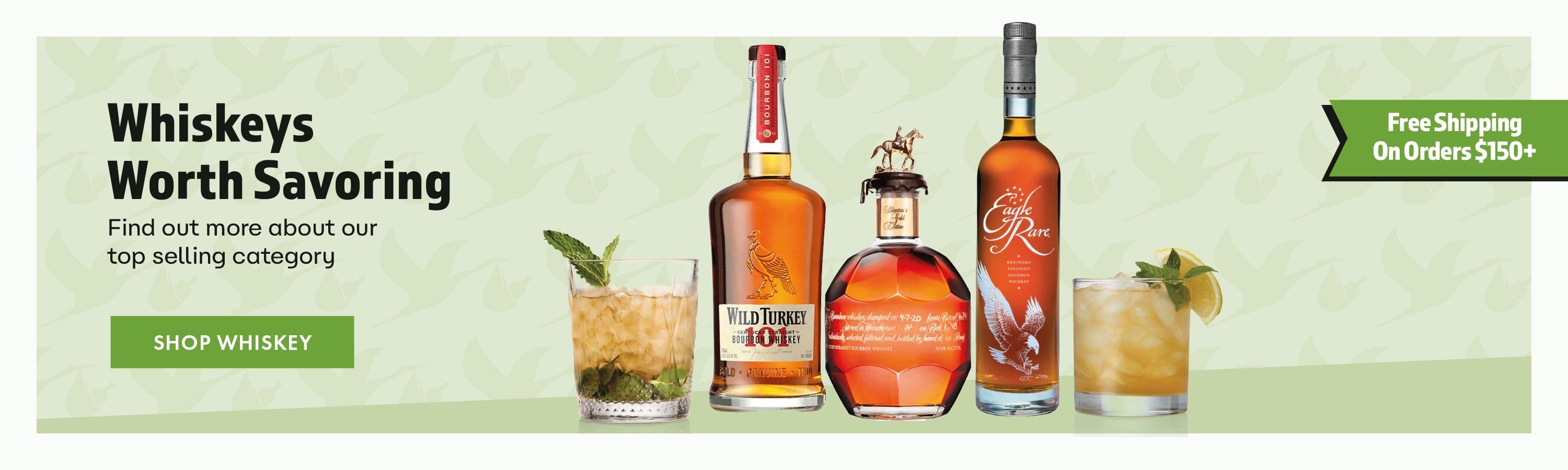 Banners of whiskey bottles and cocktails with promotional text on a green background