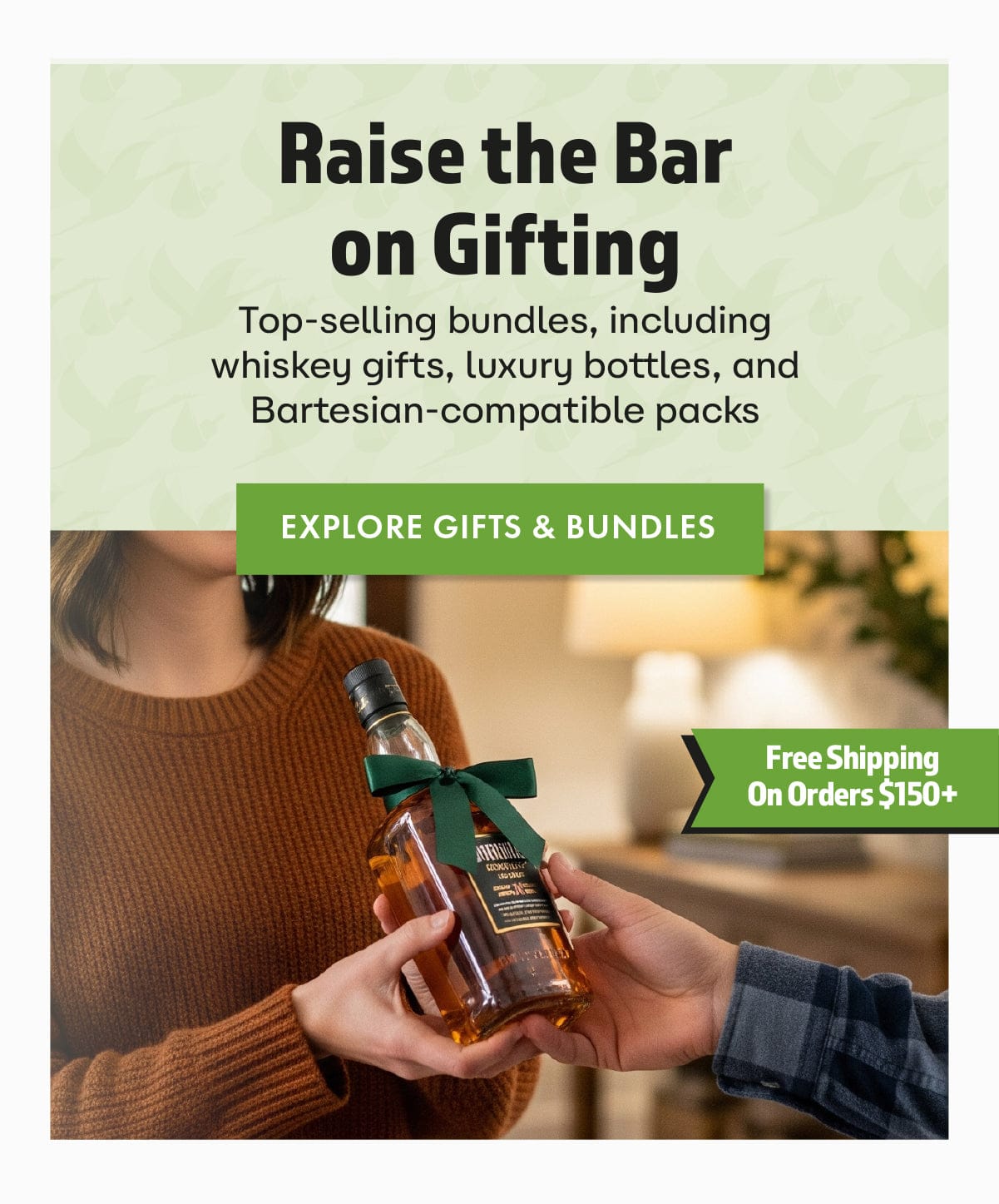 Promotional image for gifting options with a bottle of whiskey and text about bundles and free shipping.