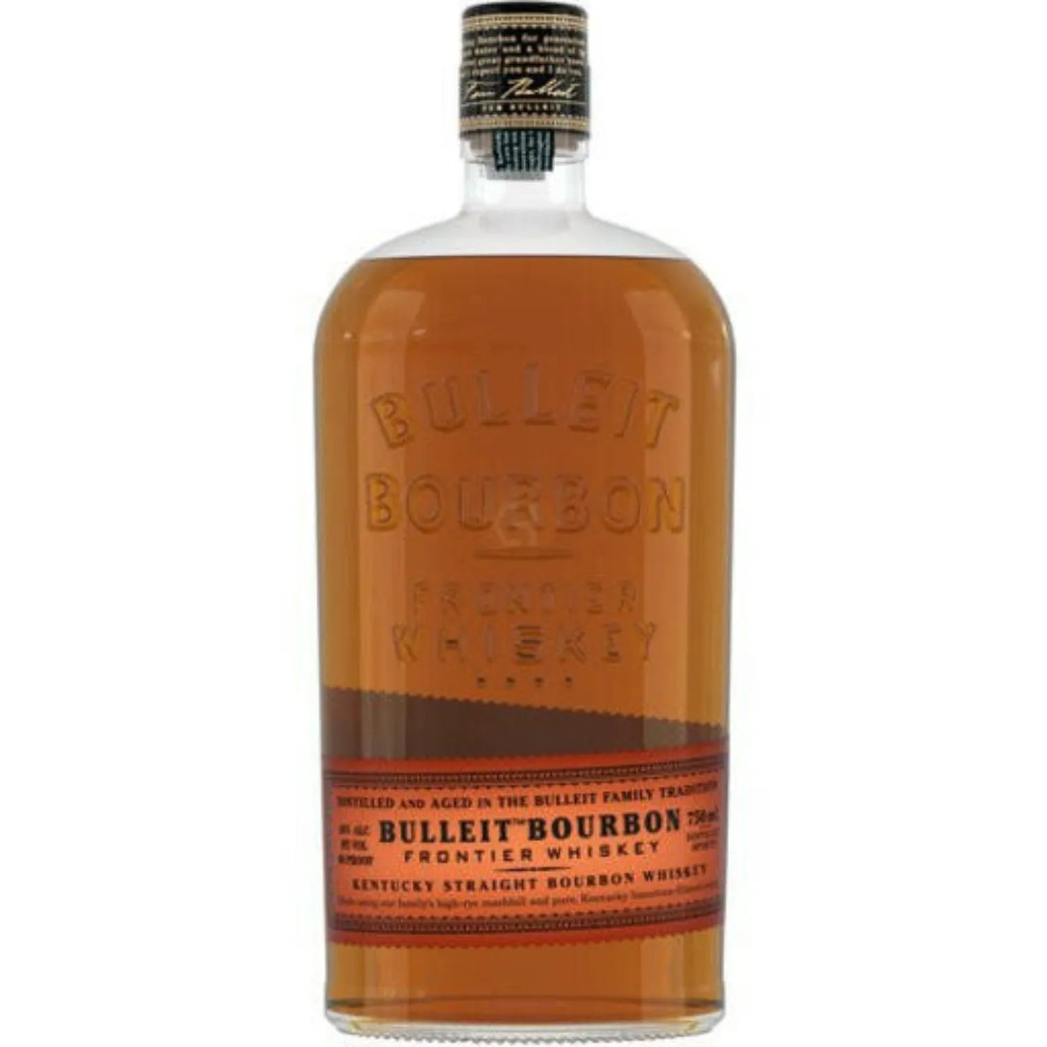 Bulleit Bourbon Frontier Whiskey 750ml bottle – Kentucky straight bourbon with embossed glass and signature orange label.