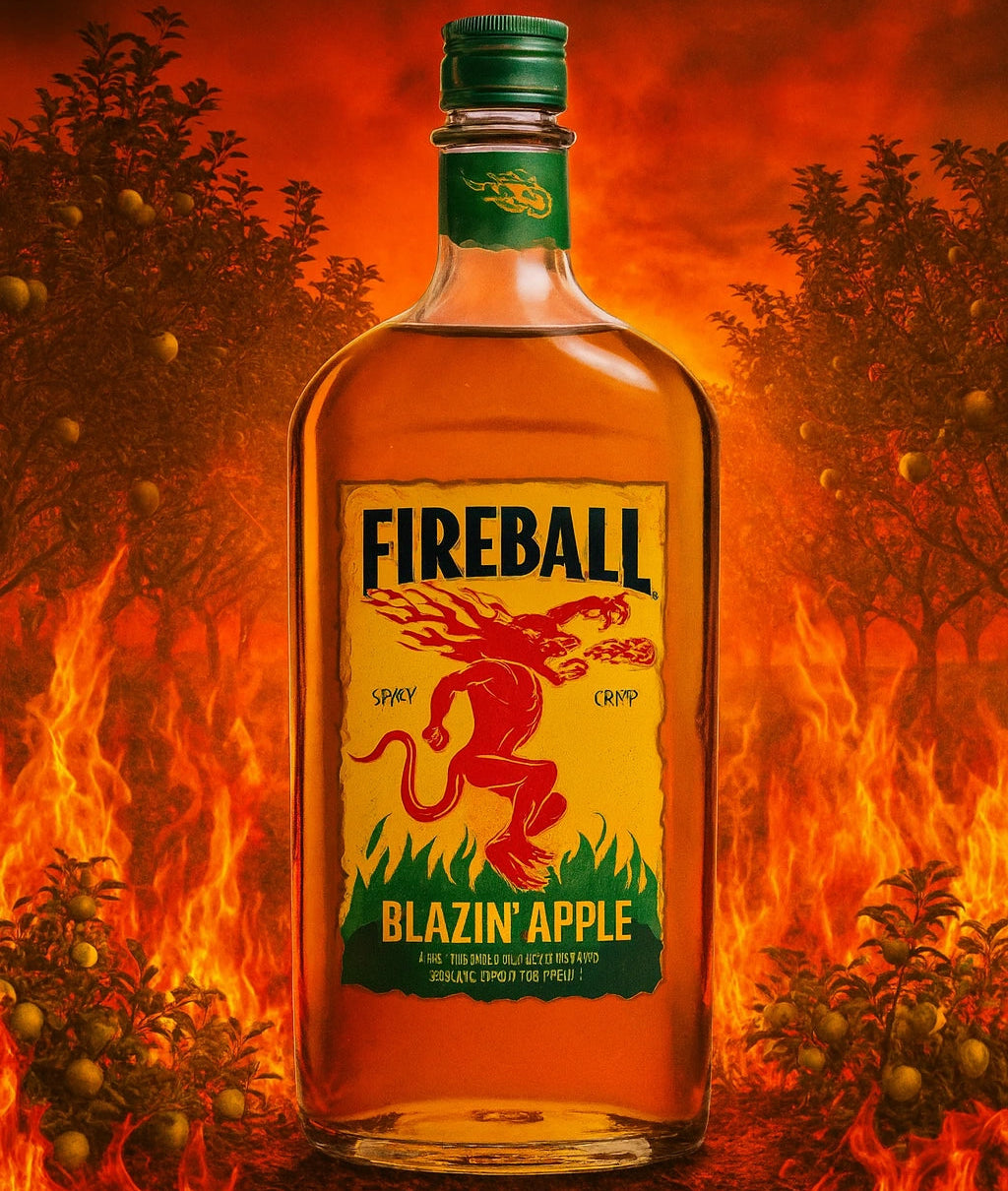 Fireball Blazin’ Apple Whisky bottle with fiery flames and apple orchard background – bold branding showcasing cinnamon heat and crisp apple twist.