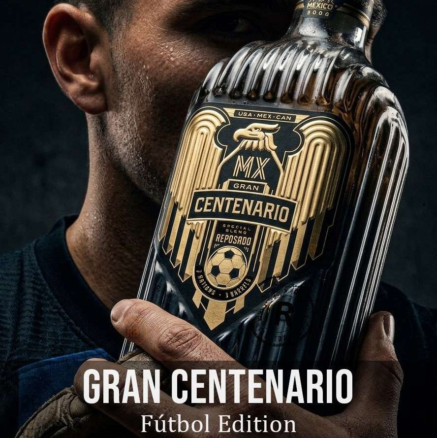 Person holding a Gran Centenario Futbol Edition bottle against a dark background