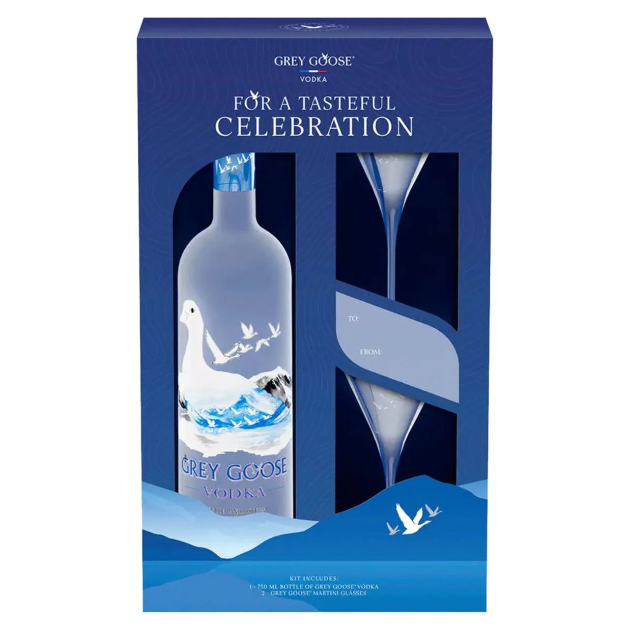 Grey Goose Vodka Gift Set featuring a 750ml bottle and two martini glasses in a premium blue holiday box