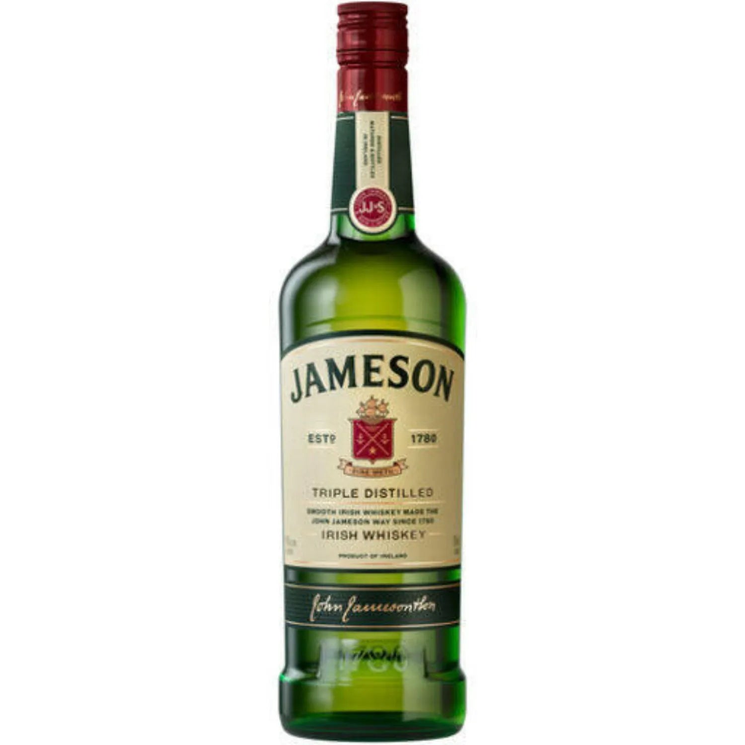 Jameson Irish Whiskey 750ml bottle with cream label and green glass, classic triple distilled Irish whiskey