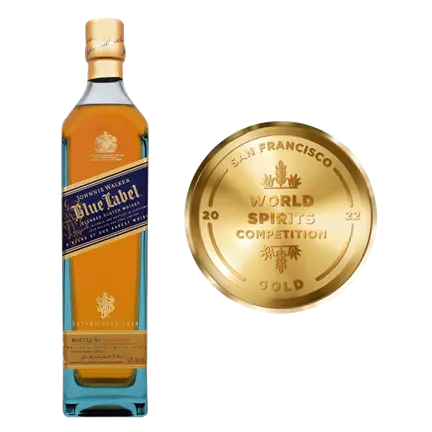 Johnnie Walker Blue Label bottle with 2022 San Francisco World Spirits Competition gold medal, award-winning luxury Scotch whisky for gifting and special occasions