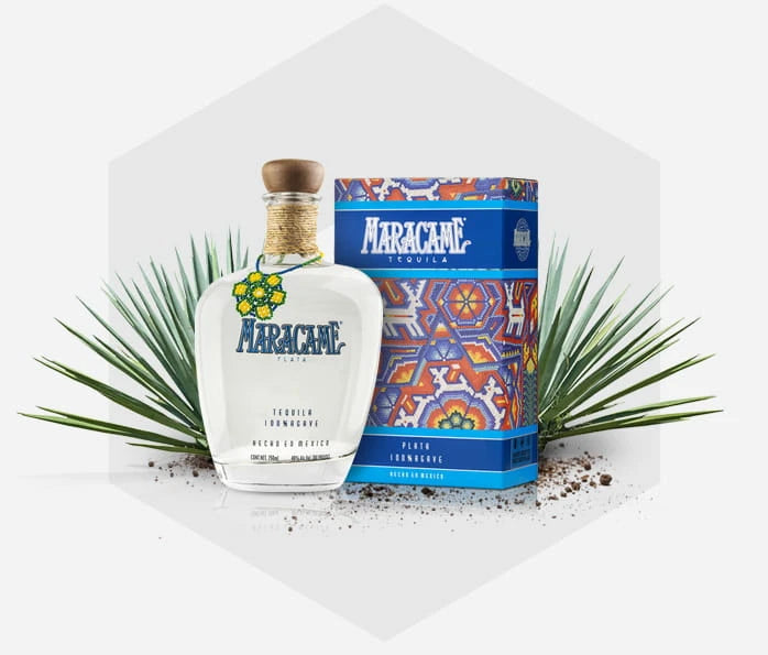 Maracame Plata Tequila bottle with decorative gift box – premium silver tequila from Jalisco with Huichol-inspired design