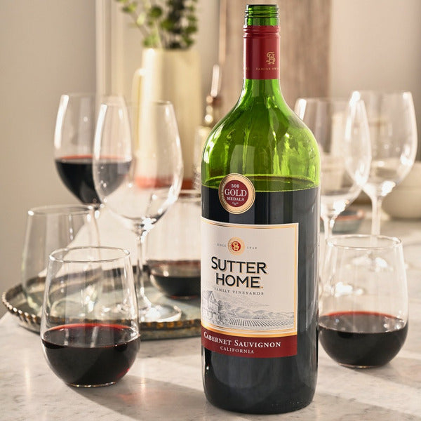 Sutter Home Cabernet Sauvignon wine bottle with glasses on a table