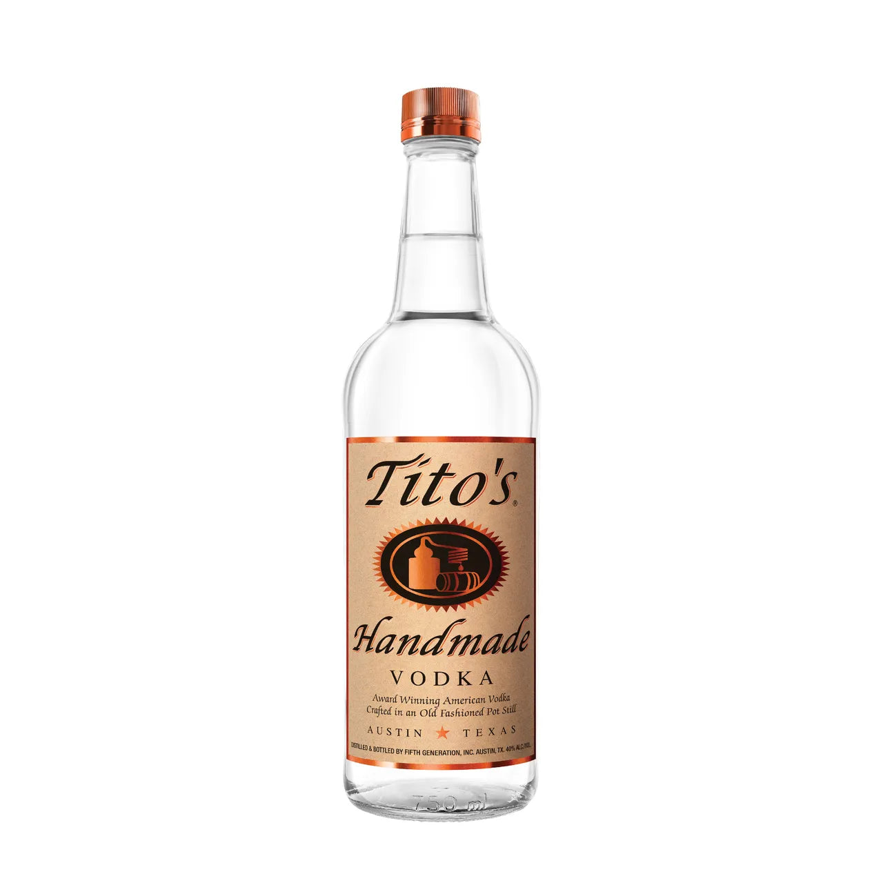 Tito’s Handmade Vodka 750ml bottle front view, featuring the iconic copper label and clear glass bottle design.