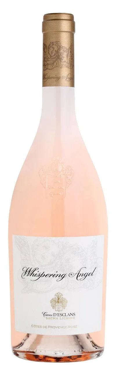 Whispering Angel Rosé Côtes de Provence wine bottle with soft pink hue and elegant white label from Château d'Esclans.
