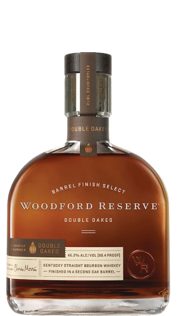 Woodford Reserve Double Oaked Bourbon Whiskey bottle, double-barrel aged Kentucky straight bourbon with rich caramel and toasted oak flavors.