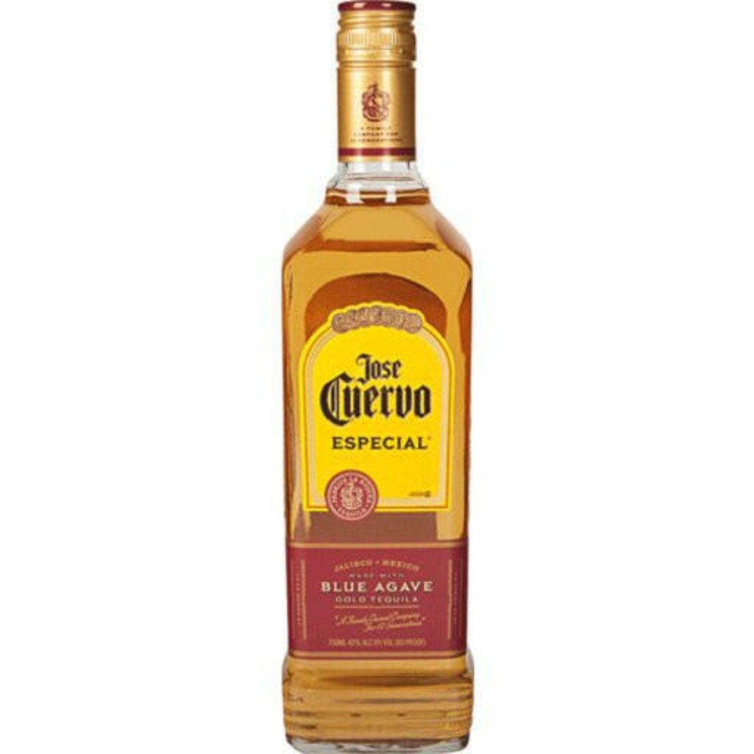 A bottle of Jose Cuervo Especial Gold Tequila with a yellow label.