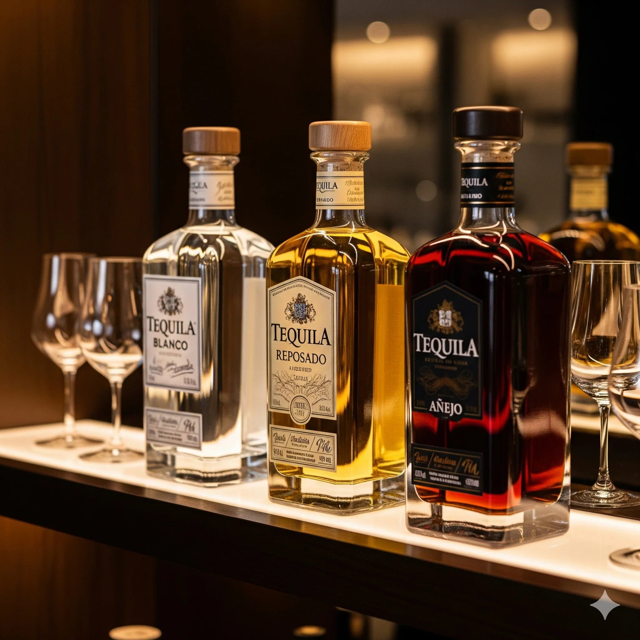 Elegant display of tequila bottles including Blanco, Reposado, and Añejo varieties on a backlit bar shelf with wine glasses, showcasing premium tequila options