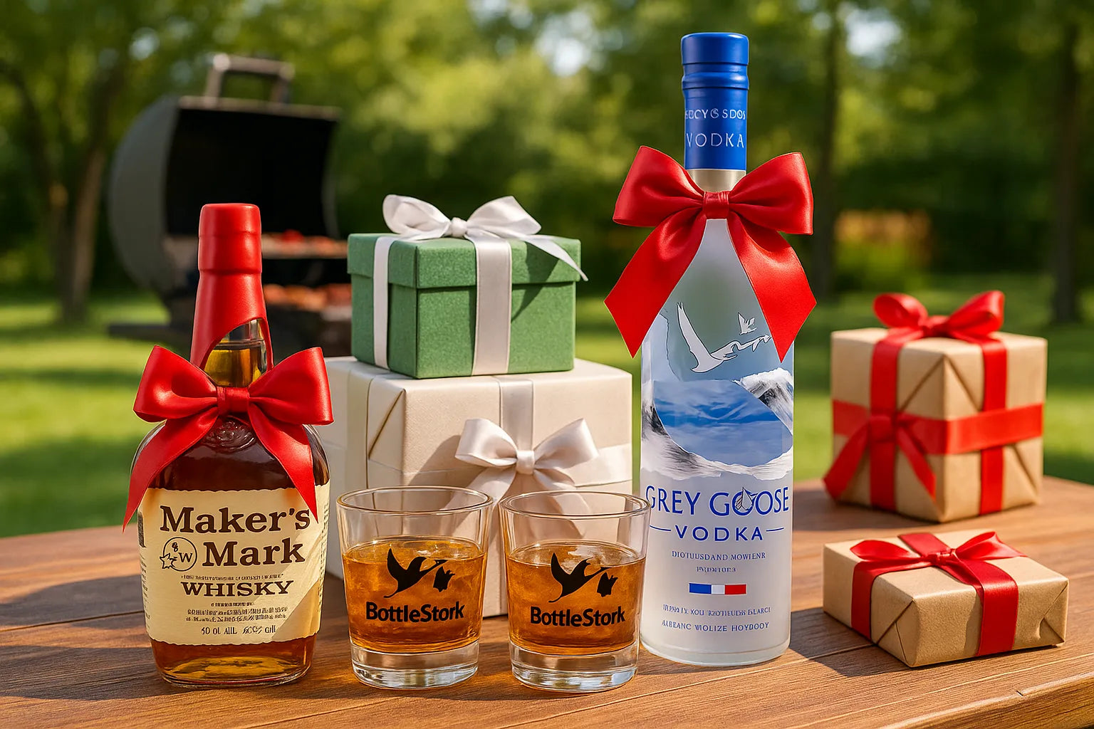 A summer backyard gift table with bottles of Maker’s Mark and Grey Goose Vodka, each with bows, and two lowball glasses filled with whiskey and branded with the BottleStork logo.