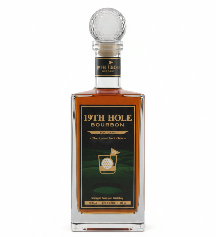 Bottle of 19th Hole Bourbon on a white background