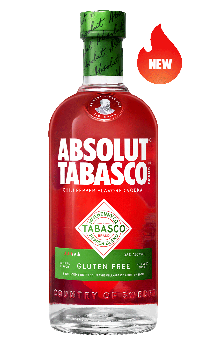 Bottle of Absolut Tabasco vodka with green cap on a white background