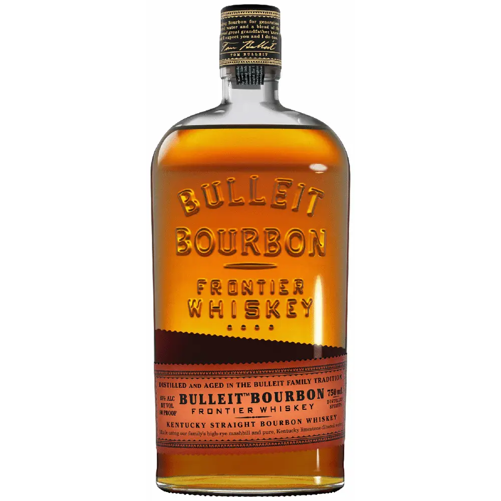 Bottle of Bulleit Bourbon Frontier Whiskey on a white background