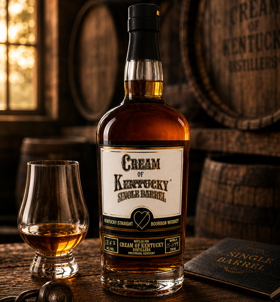 Bottle of Cream of Kentucky Single Barrel whiskey with a glass on a wooden surface with barrels in the background.