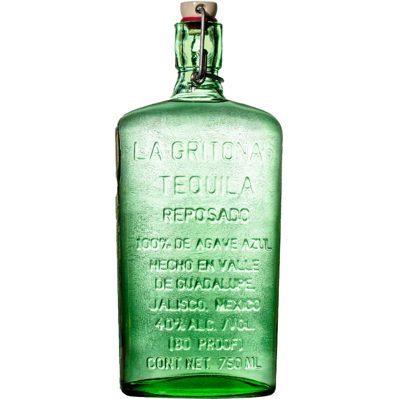 Green tequila bottle labeled 'La Gritona Tequila' on a white background