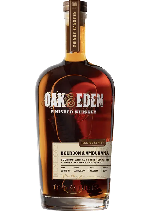 Bottle of Oak & Eden Finished Whiskey on a white background