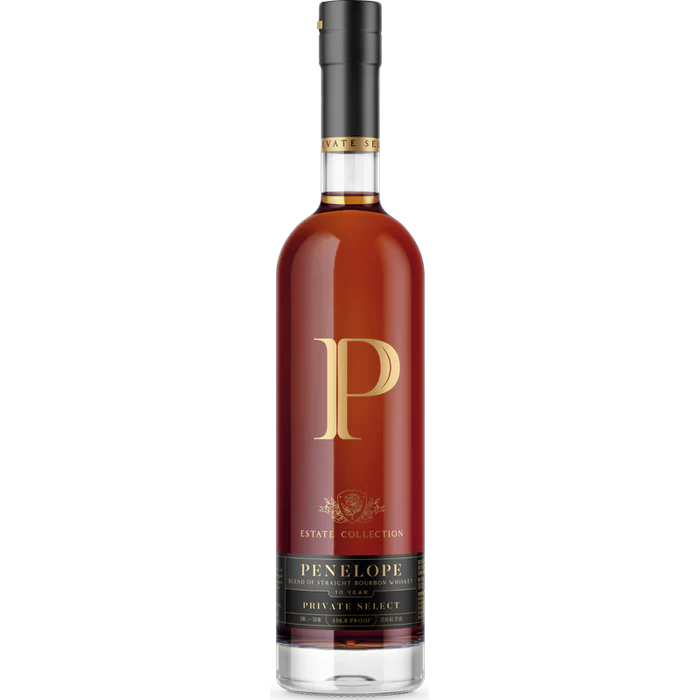 Bottle of Penelope Estate Collection whiskey on a white background