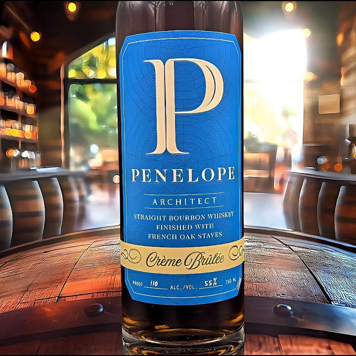 Bottle of Penelope Architect Creme Brulee on a wooden barrel with a bar setting in the background