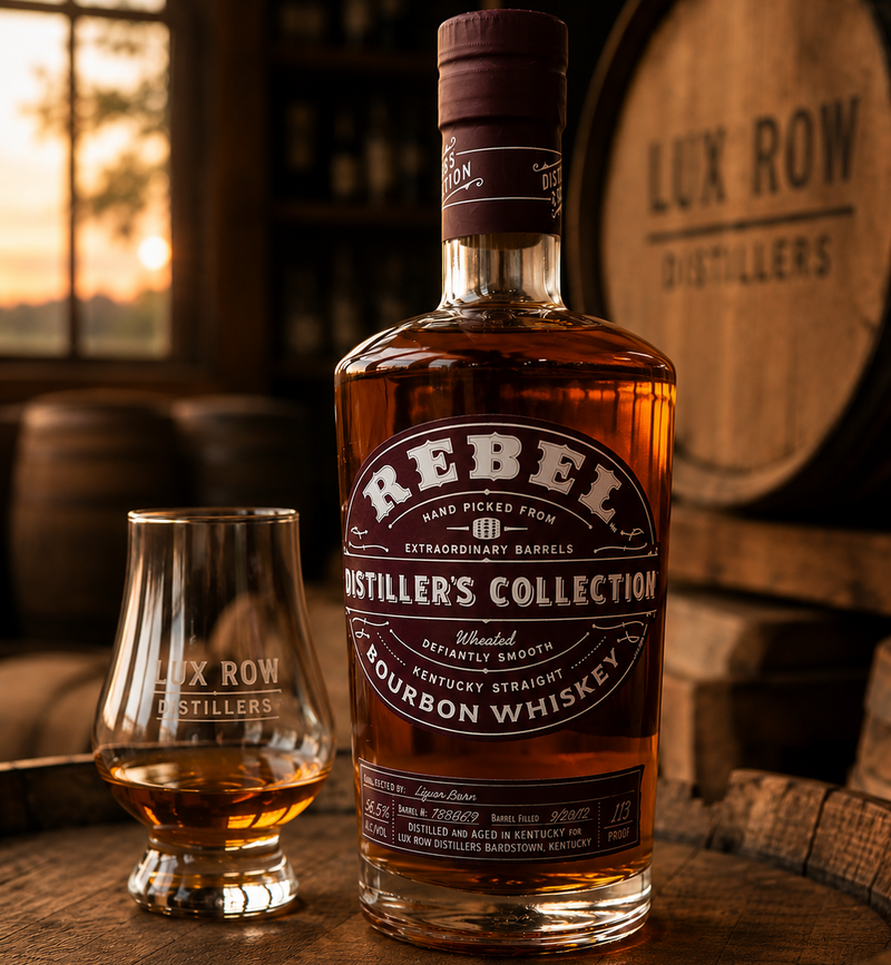 Bottle of Rebel Distiller's Collection bourbon whiskey with a glass on a wooden barrel, Lux Row Distillers background.