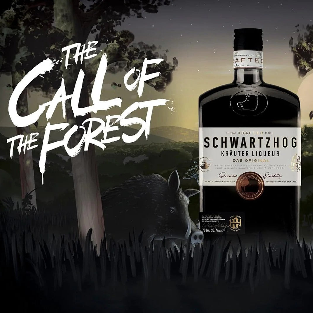 Schwartzhog liqueur bottle with 'The Call of the Forest' text and forest background