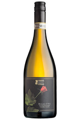 Wine bottle with a label featuring a rose on a white background