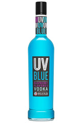 Blue bottle of UV Blue Raspberry Flavored Vodka on a white background