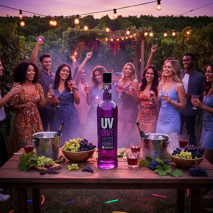 Purple bottle of UV Grape Vodka on a table with people enjoying drinks outdoors.