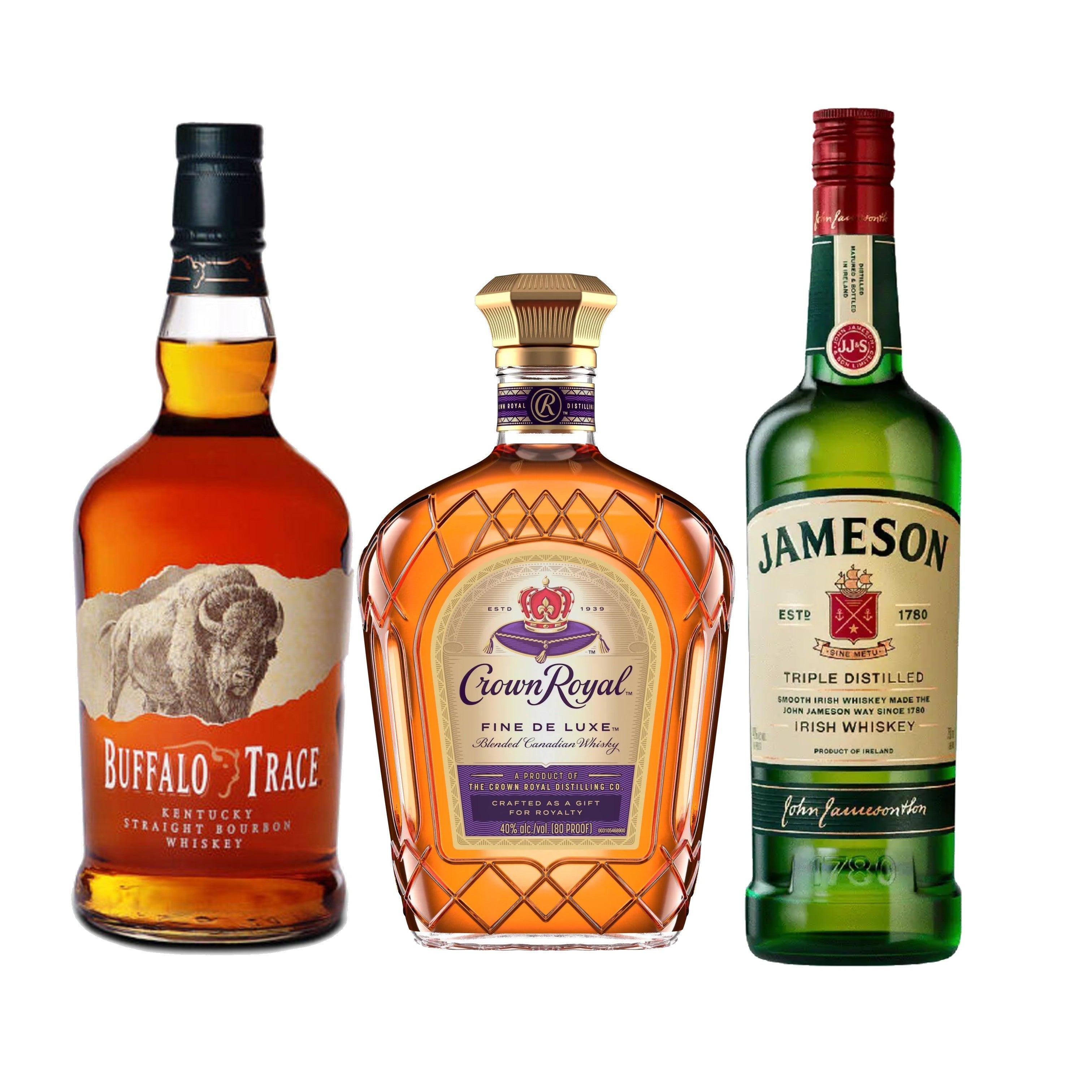 Three bottles of alcohol including Buffalo Trace, Crown Royal, and Jameson on a white background