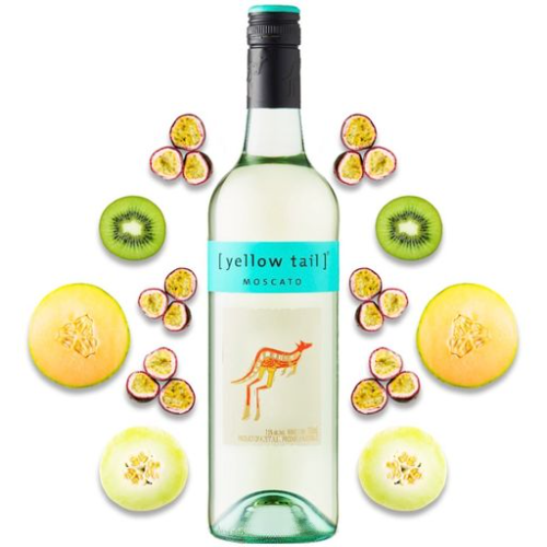 Yellow Tail Moscato wine bottle with fruit slices on a white background