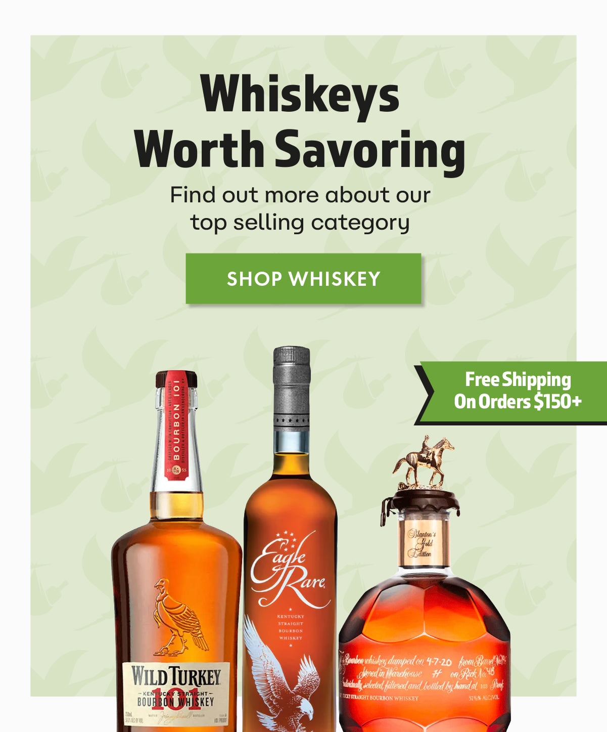 Promotional image for whiskeys with three bottles displayed on a light green background.