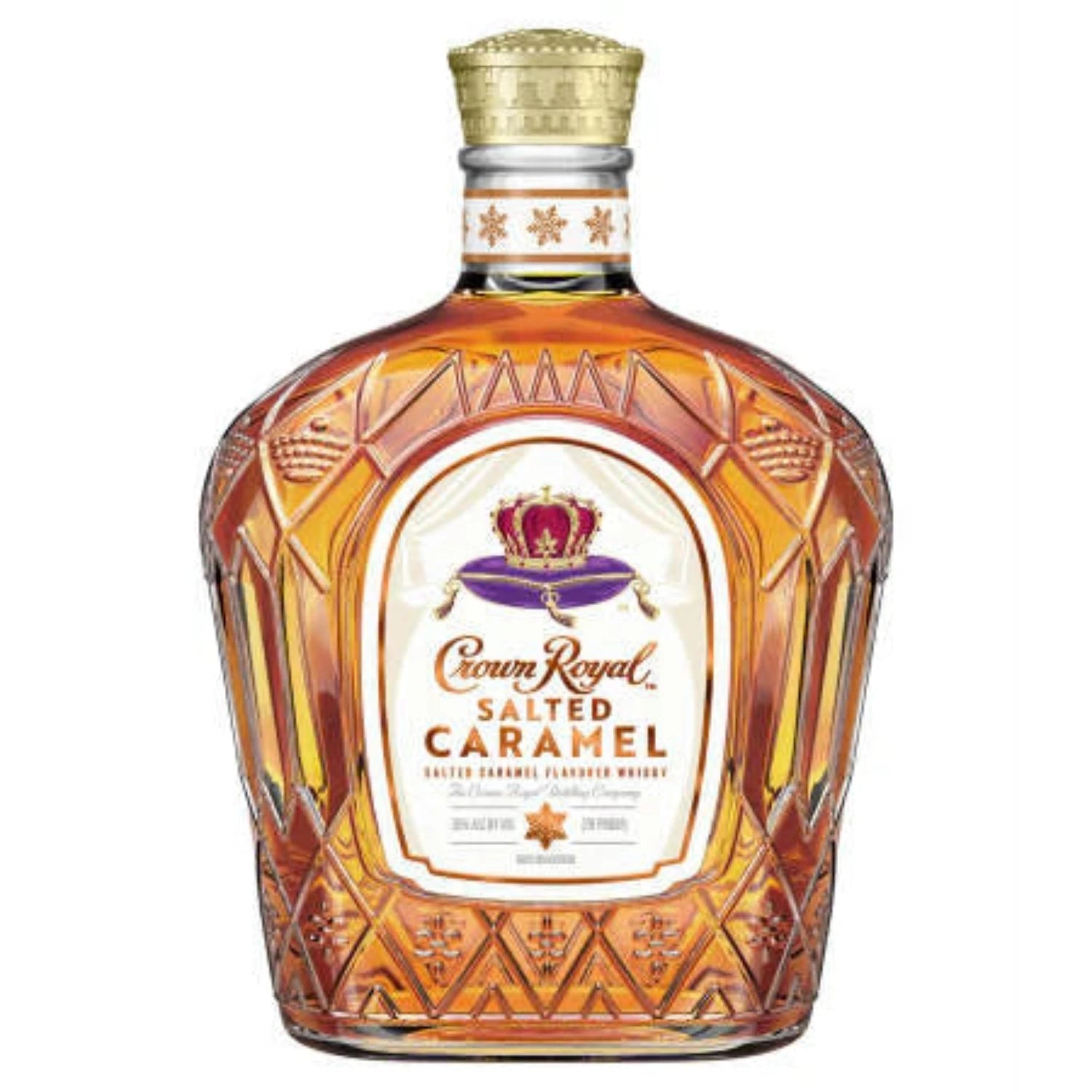 A bottle of Crown Royal Salted Caramel Whisky with a detailed label and a golden cap.