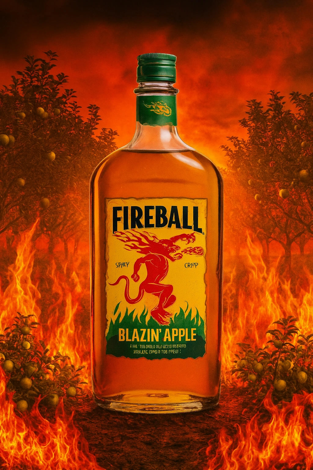 Fireball Blazin’ Apple Whisky bottle with fiery flames and apple orchard background – bold branding showcasing cinnamon heat and crisp apple twist.