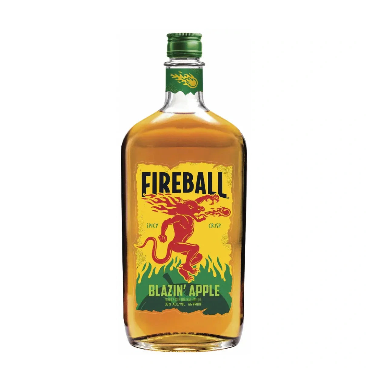 Fireball Blazin’ Apple Whisky 750ml bottle – fiery cinnamon whisky infused with crisp apple flavor, product detail shot on white background.